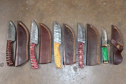 (5) Fixed Blade Damascus Steel KNIVES with Leather Sheaths (ONE$)