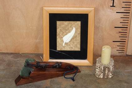(3) Hand-crafted Items from New Zealand. Belt Axe, Candle Holder, and Art (ONE$)