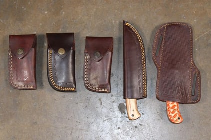 (2) Fixed Blade Damascus Steel KNIVES and (3) Pocket KNIVES with Leather Sheaths (ONE$)