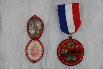 (1) Antique "Blessing of St. Francis" Pocket Shrine, (1) Knights of Columbus TX Medal (ONE$)