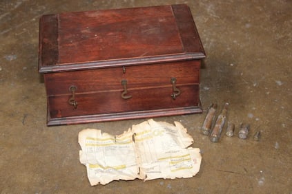 Antique Mahogany Jewelry CHEST with Brass Latches and 4 Brass Casings and 1 Bullet (ONE$)