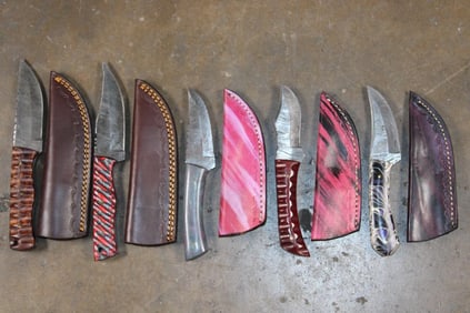 (5) Fixed Blade Damascus Steel KNIVES with Leather Sheaths (ONE$)