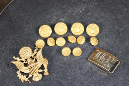 (1) U.S. Army Cap Badge and (3) WWII U.S. Army Jacket Buttons and (1) 1/20 12k G.F. Belt Buckle