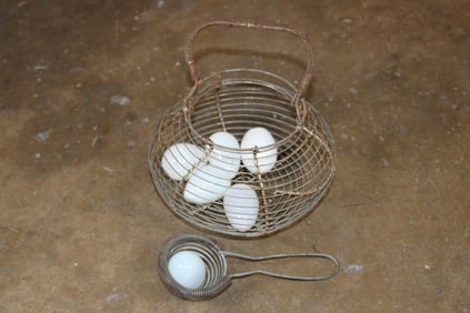 Antique French Farmhouse Wire EGG BASKET with (6) Hand-blown Milk Glass EGGS (ONE$)