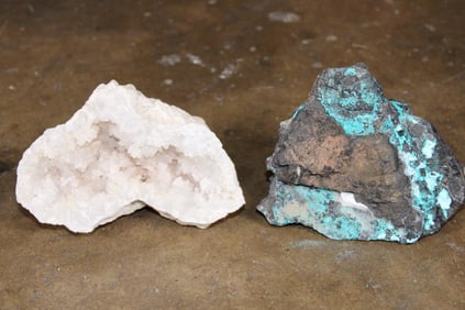 (1) CHRYSOCOLLA and (1) CALCITE Crystal Geode Specimen (ONE$)