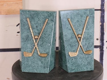 Green Marble and Brass Golf Themed BOOK ENDS