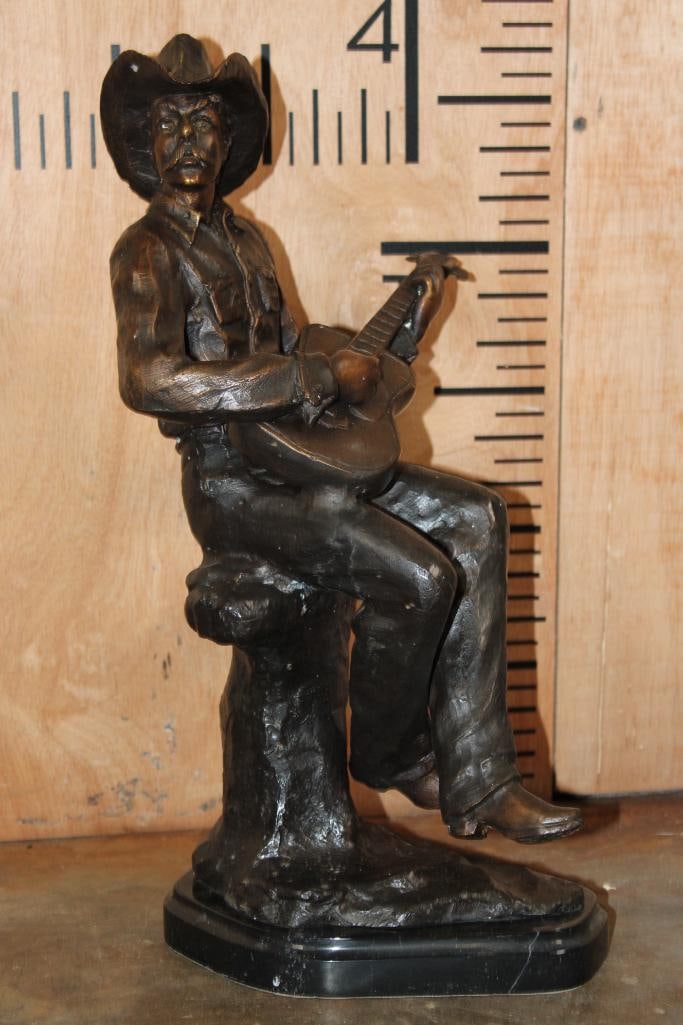 Big BRONZE Sculpture of a Cowboy playing a Guitar on a Marble Base (1 of 7)