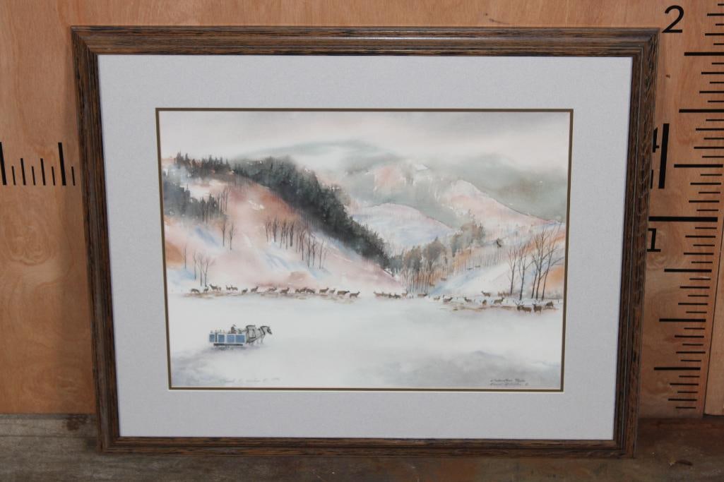 Signed and Numbered Watercolor PRINT by artist Cheryl B. Wiles in a Wood and Glass Frame: Beautiful Watercolor Print by artist Cheryl B. Wiles. It is numbered #13/300 and signed in pencil by the artist. It is displayed in a Wood Frame with Glass that measures 28" Tall x 23" Wide. COLLECTIB