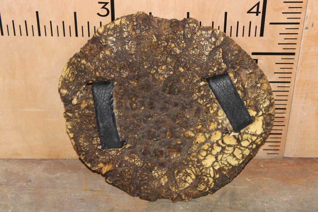 *Real* Elephant Sole SHIELD with Leather Arm Straps: *Real* Elephant Sole SHIELD with Leather Arm Straps. It measures 18" Long x 18" Wide and Weighs 9 lbs. TAXIDERMY 