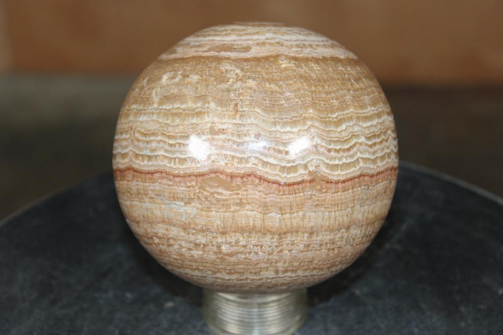 Big BANDED ARAGONITE Mineral Sphere: Big BANDED ARAGONITE Mineral Sphere. It measures 4 3/8" in Diameter and Weighs 4 lbs 6 oz. The metal stand is not included. ROCKS FOSSILS MINERALS 