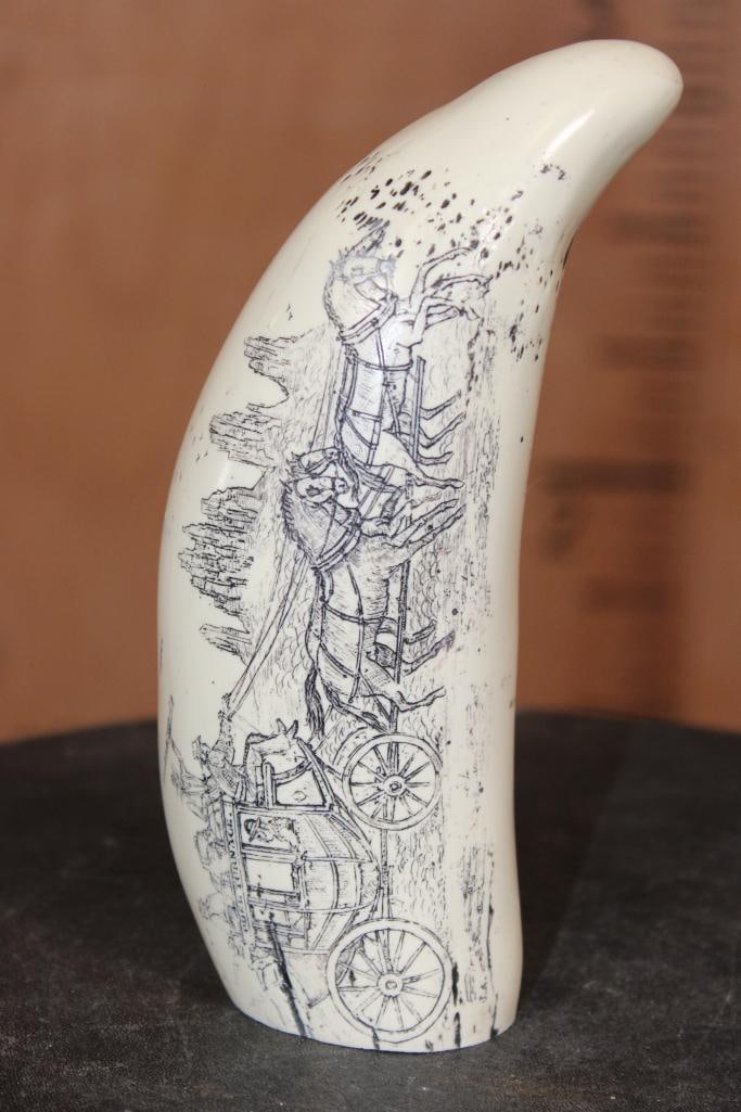Scrimshawed Reproduction "El Paso- Texas" WHALE TOOTH: Scrimshawed Reproduction "El Paso- Texas" WHALE TOOTH. It measures 6.5" Long x 2.5" Wide x 1.5" Thick and Weighs 15 oz. On one side there are crossed Colt Revolvers and "El Paso-Texas" inscribed and o