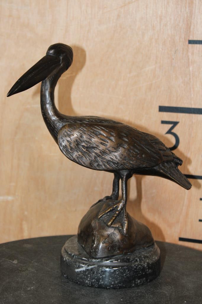 BRONZE Pelican Sculpture on a Marble Base: BRONZE Pelican Sculpture on a Marble Base. It measures 7" Long x 4" Wide x 9 3/8" Tall and Weighs 3 lbs 2 oz. COLLECTIBLE BRONZE SCULPTURES