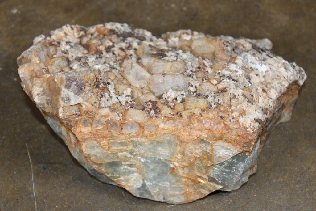 FELDSPAR in a Mineral Rock Matrix with Quartz: FELDSPAR Mineral Rock Matrix with Quartz. This natural specimen has distinct blocky or tabular crystals. It measures 8.75" Long x 8.25" Wide x 4.25" Tall and Weighs 8 lbs 2 oz. ROCKS FOSSILS CRYS