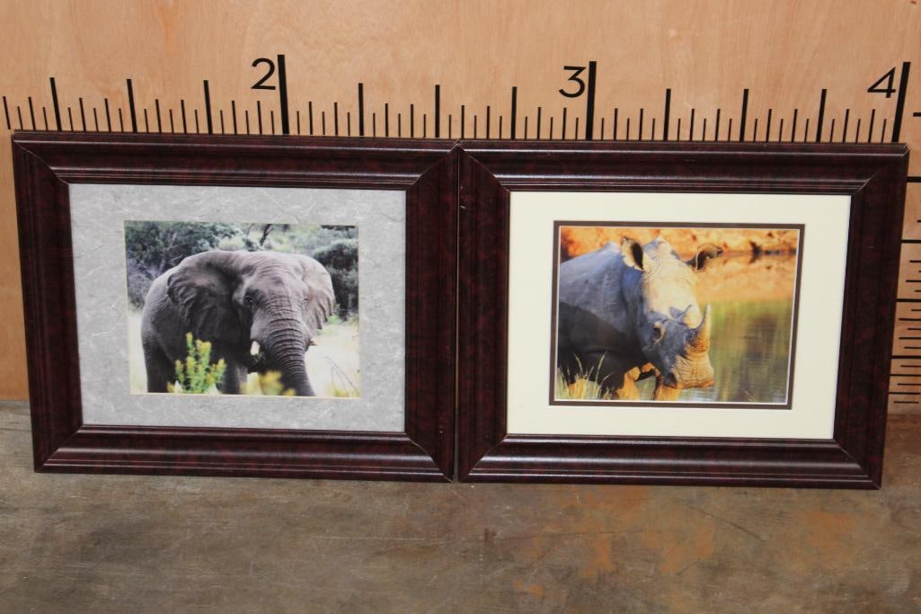 (1) ELEPHANT and (1) RHINOCEROS Photograph in Matching Wood and Glass Frames: 1 ELEPHANT and RHINOCEROS Photograph in Matching Wood and Glass Frames. They measure 17.5" Tall x 15" Wide each. The Total Weight for both is 5 lbs 15 oz. DECORATIVE WILDLIFE PHOTOGRAPHY 