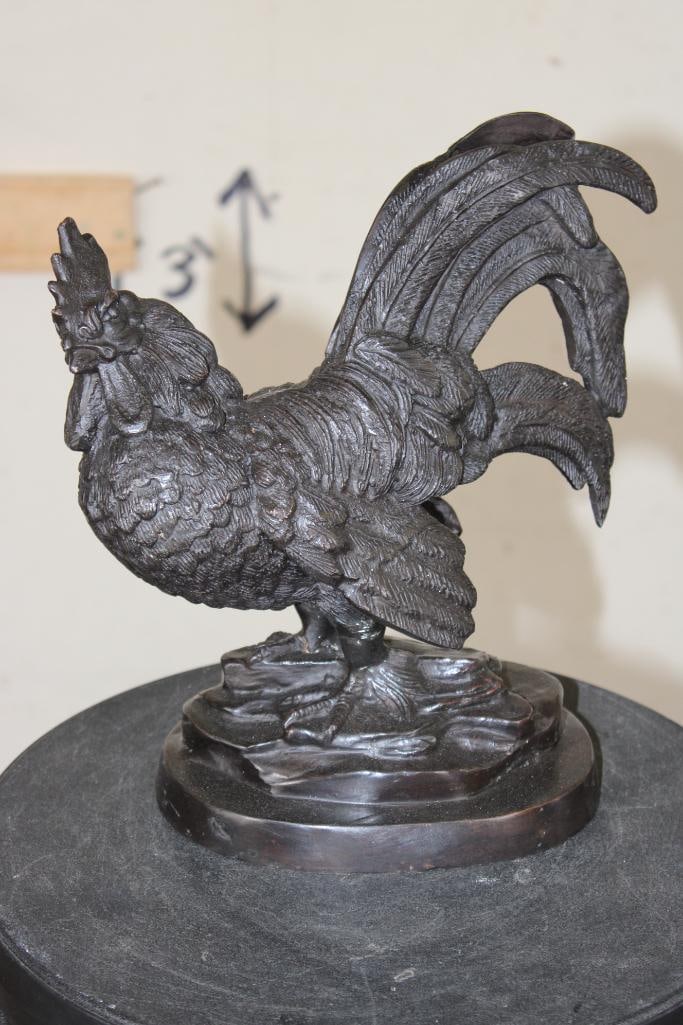 Bronze ROOSTER Sculpture on a Bronze Base, Weight 8 lbs: Bronze ROOSTER Sculpture on a Bronze Base. It measures 10.5" Tall x 9.5" Long x 5" Wide and Weighs 8 lbs 9 oz. COLLECTIBLE BRONZE SCULPTURES AND STATUES 