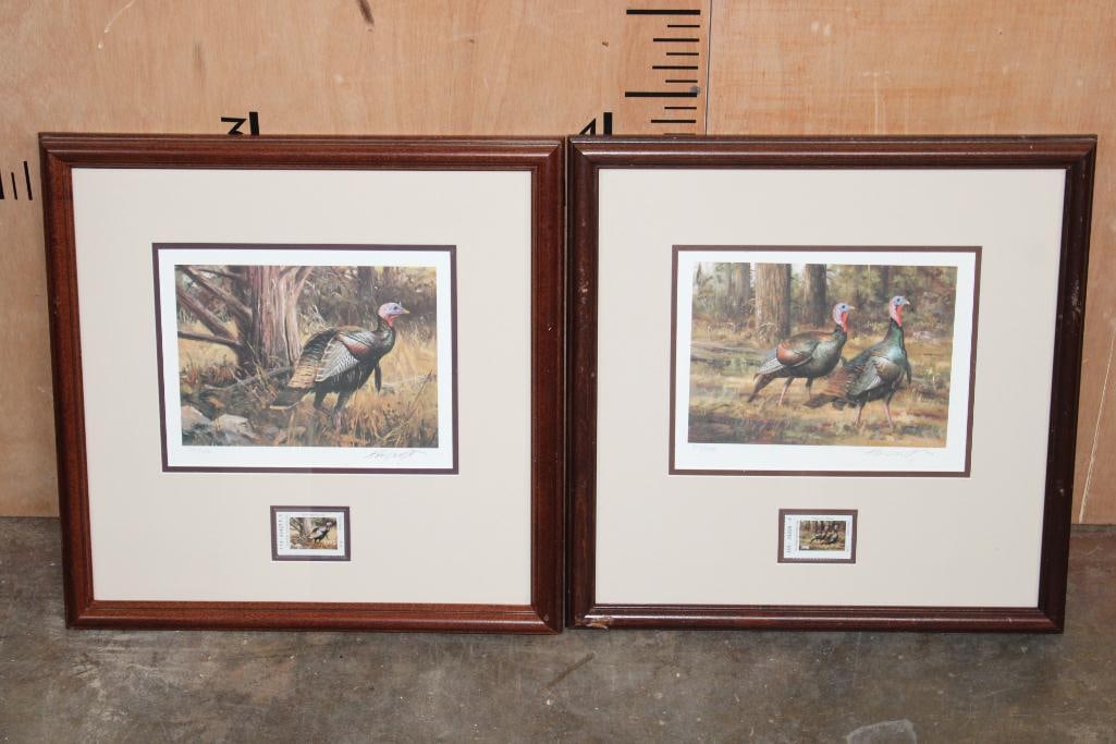 1992 and 1996 Signed and Numbered by Ken Carlson: 1992 and 1996 Turkey Print and Stamps signed and Numbered by Ken Carlson. Both Turkey prints are numbered #397/1050. They are displayed in matching Wood and Glass Frames that measure 18" Tall x 18"