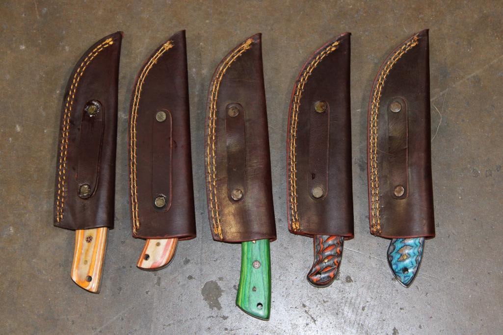 (5) *Brand New* Damascus Fixed Blade KNIVES with Leather Sheaths - 5