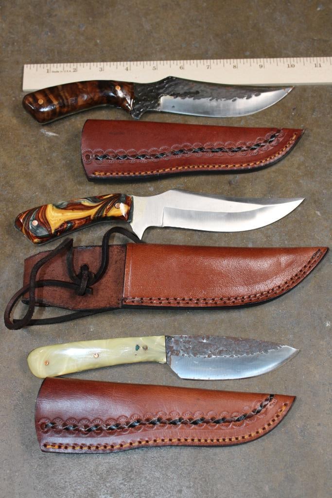 (3) Hand-made KNIVES with Matching Leather Sheaths - 2