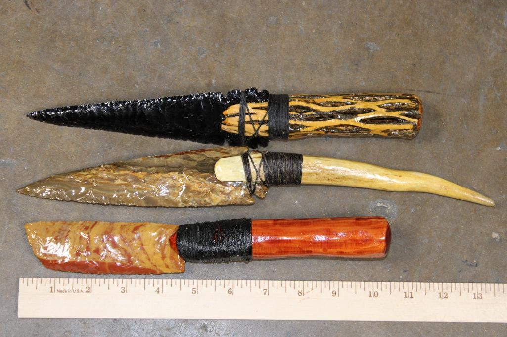 (3) Hand-made and Hand Knapped Glass Blade Knives: 3 Hand-made and Hand Knapped Glass Bladed Knives. The largest has an Antler Handle and measures 14" Long. The other two have Wooden Handles and measure 11.5" Long and 10.25" Long. The Total Weight for