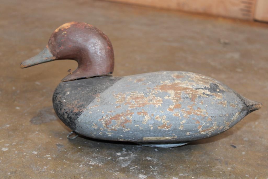 Vintage Hand-painted Wood "Chesapeake Bay Redhead" DUCK DECOY: Vintage Hand-painted Wood "Chesapeake Redhead" DUCK DECOY. It measures 13.5" Long x 7" Wide x 6.75" Tall. The head is connected with a nails and it swivels slightly. This is a solid wood carving that