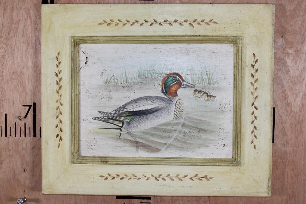 American "Folk Art" Painting of Ducks on Wood: American "Folk Art" Painting of Ducks on Wood. The piece measures 23" Long x 19" Tall. This is a hand-painted reproduction of a Teal Duck illustration, possibly inspired by the work of John Gould.
