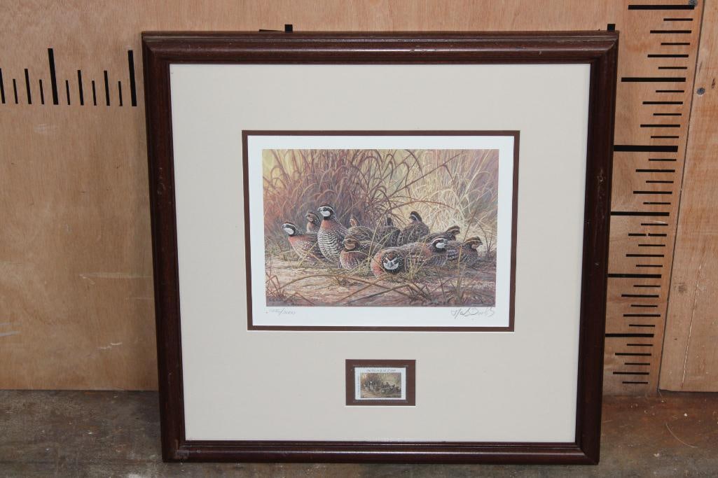 1996 Texas Quail Stamp and Print "Quail Circlin'" Numbered and Signed by Herb Booth: 1996 Texas Quail Stamp and Print "Quail Circlin" signed and numbered #1286/2000 by Herb Booth. It is displayed in a Wood and Glass Frame that measures 18" Tall x 18" Wide. Bobwhite quail are common