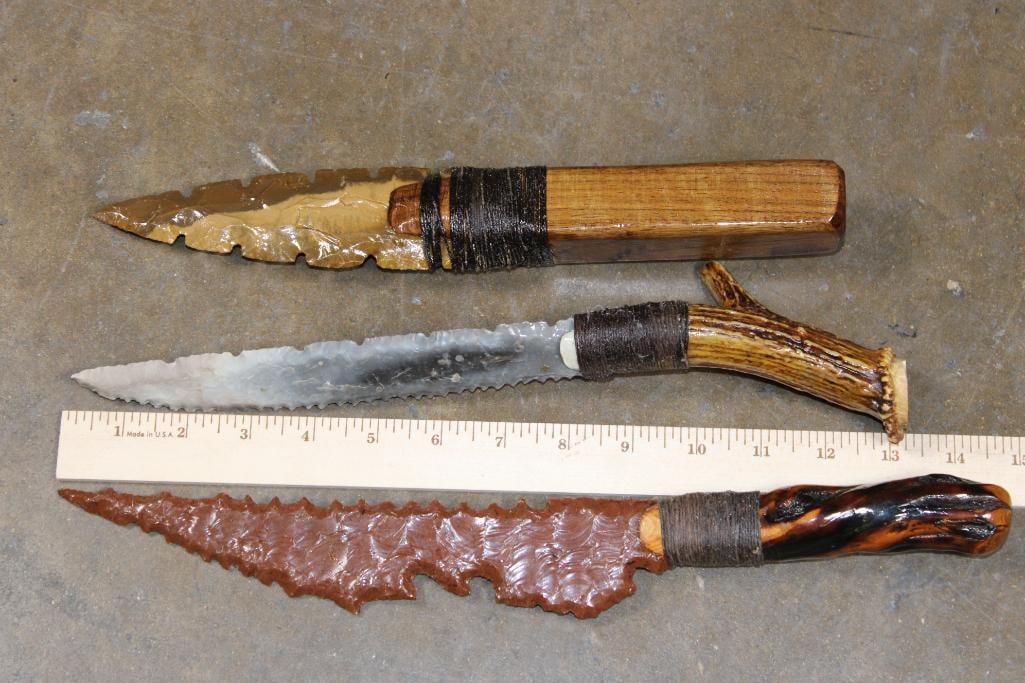 (3) Large Hand-made and Hand Knapped Glass and Stone Blade Knives: 3 Large Hand-made and Hand Knapped Glass and Stone Blade Knives. The largest measures 14.5" Long and has a knapped glass blade and a natural wood branch handle. The next measures 13" Long an