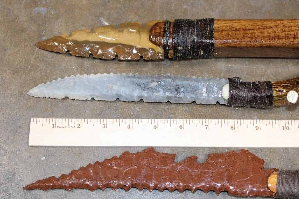 (3) Large Hand-made and Hand Knapped Glass and Stone Blade Knives - 3