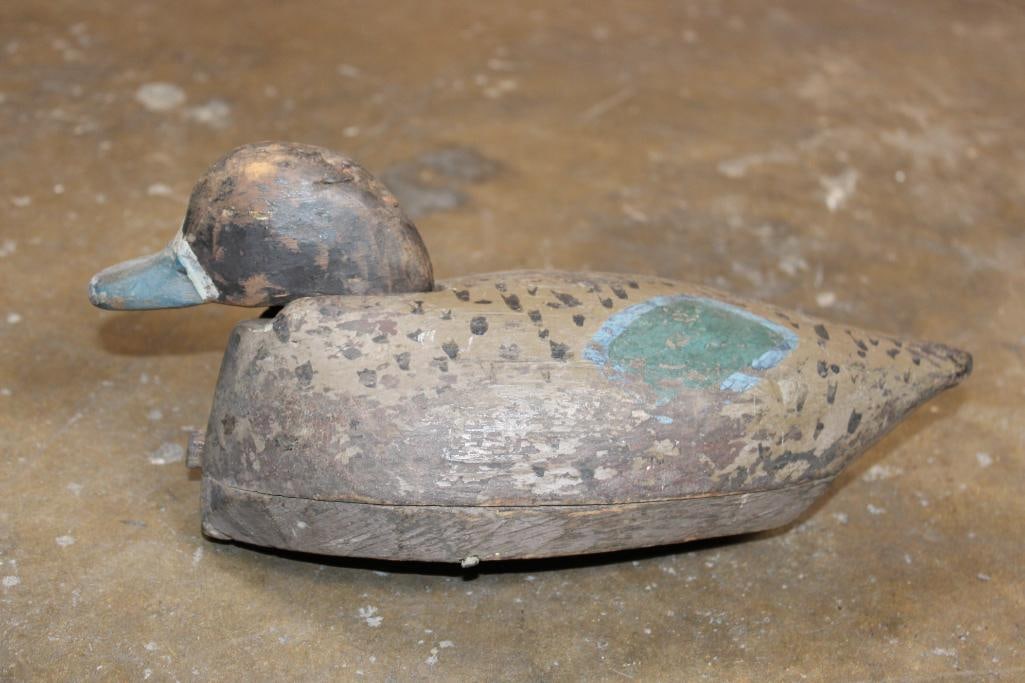 Hand-carved and Painted Wood DUCK DECOY signed "NM": Hand-carved and Painted Wood DUCK DECOY. It appears to be very old. It is signed "NM" (carved on the bottom). It measures 11.75" Long x 4.75" Wide x 5.5" Tall and Weighs 1 lb 2 oz. The head is