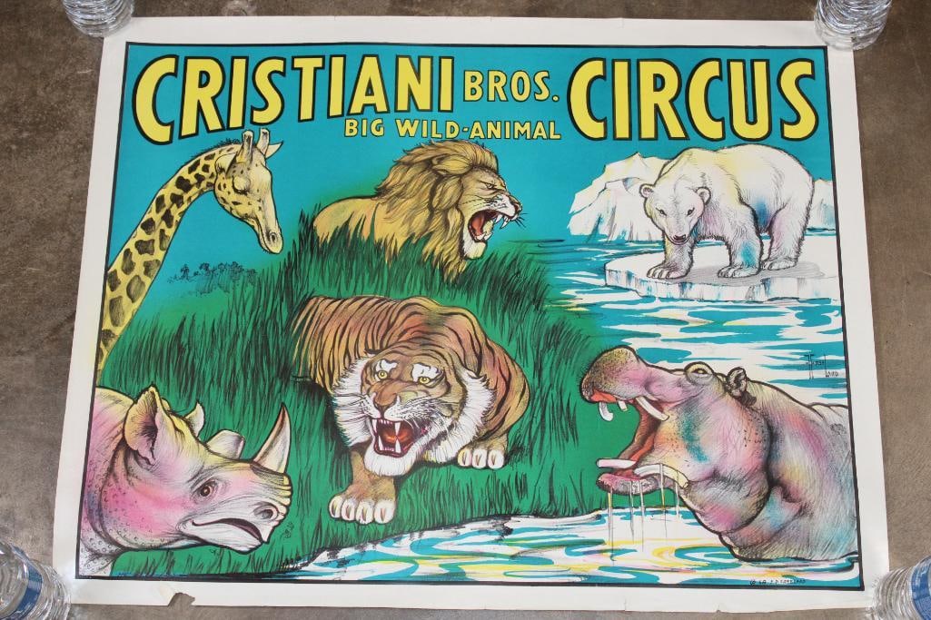 Original "Cristiani Bros. Circus" Advertisement from 1958 by Artist F.D. Freeland: Original "Cristiani Bros. Circus" Advertisement from 1958 by Artist F.D. Freeland. It measures 28" Wide x 22" Tall. The Cristiani Brothers Circus started in 1949 after the family had been performing
