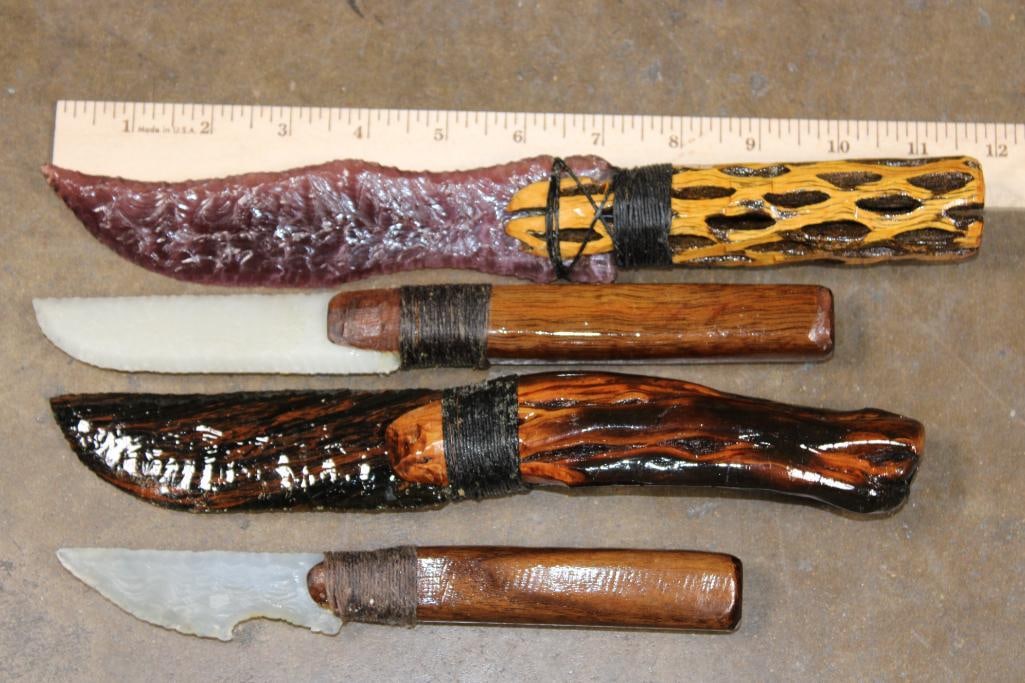 (4) Hand-made and Hand Knapped Glass Blade Knives: 4 Hand-made and Hand Knapped Glass Blade Knives. The purple blade Knife measure 11.75" Long and has a cactus handle. The next is knapped out of stone or glass, measures 9.75" Long, and has a wood