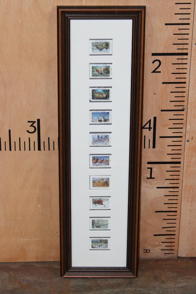 (10) Iowa Wildlife Habitat STAMPS, 1995-2003: 10 Collectible Iowa Wildlife Habitat STAMPS from the Iowa Dept. of Natural Resources framed sequentially from 1995-2003. The 1996, 1997, 1998 Stamp are signed by the same artist, believed to be