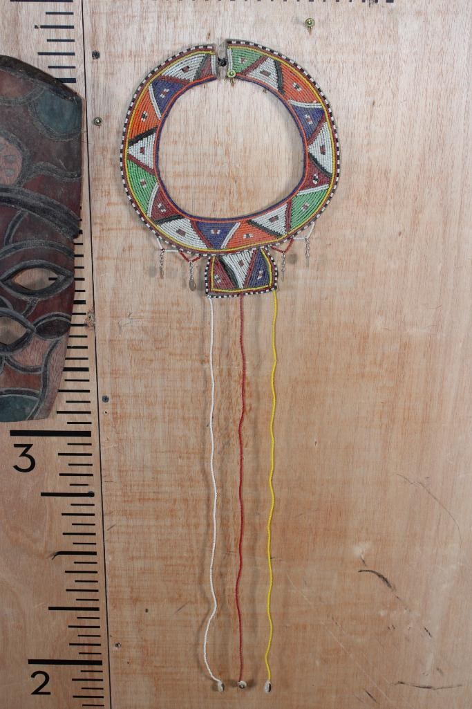 (1) Hand-carved Wood African MASK and (1) Beaded MAASAI Wedding Collar - 4