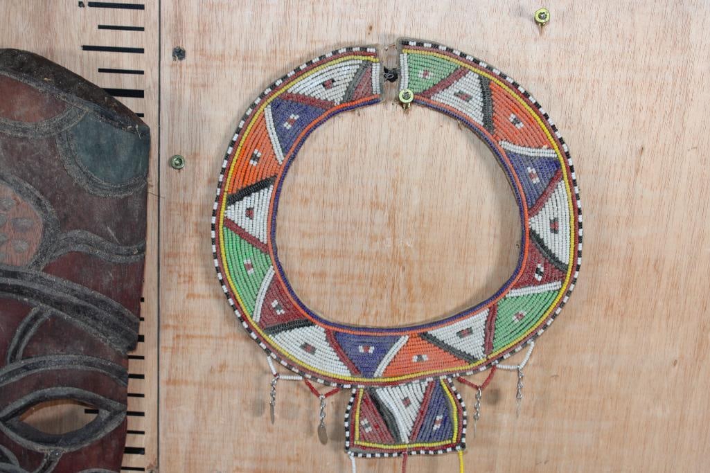 (1) Hand-carved Wood African MASK and (1) Beaded MAASAI Wedding Collar - 5
