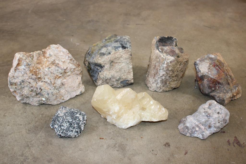(7) ROCK SPECIMENS, Weight 23 lbs: 7 ROCK SPECIMENS, The Total Weight 23 lbs. There is a tungsten ore, chalcedony, gabbro and others. ROCKS FOSSILS MINERALS 