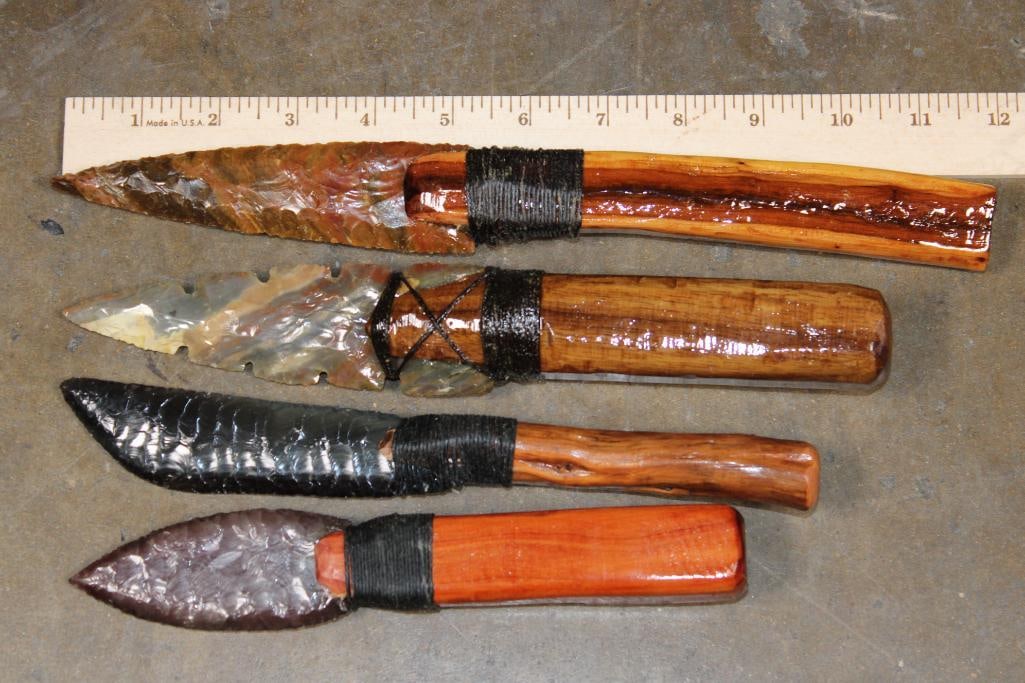 (4) Hand-made and Hand Knapped Glass Blade KNIVES with Wood Handles: Hand-made and Hand Knapped Glass Blade KNIVES with Wood Handles. They measure 12" Long, 9.5" Long, 10" Long, and 8" Long. The Total Weight for all is 1 lb. COLLECTIBLE KNIVES 