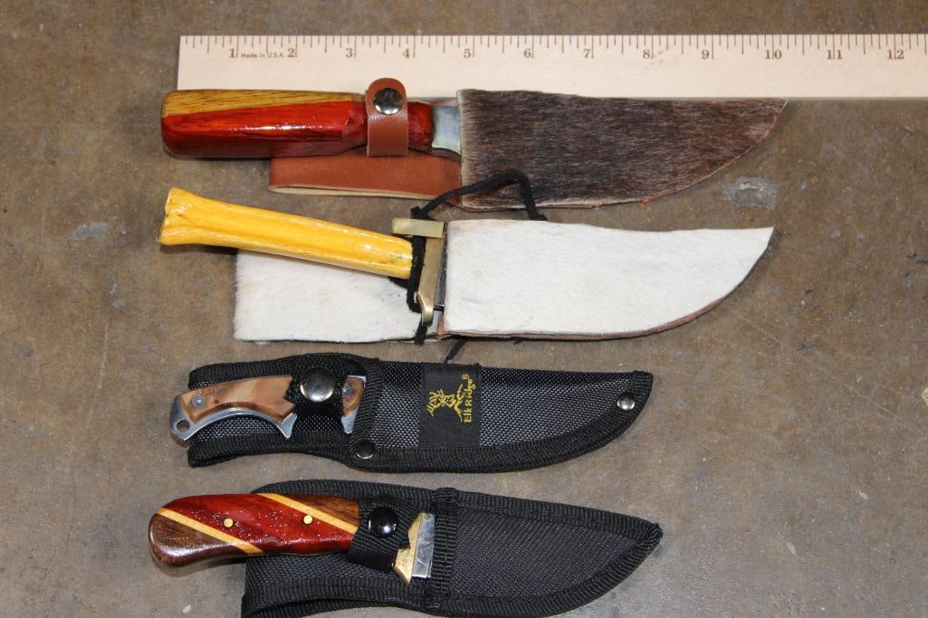 (4) Fixed Blade KNIVES with Matching Sheaths: 4 Fixed Blade KNIVES with Matching Sheaths. The largest measures 9" Long and has a wood handle and Cowhide Sheath. The next measures 8" Long and has a Bone Handle and a Cowhide Sheath. The third is an
