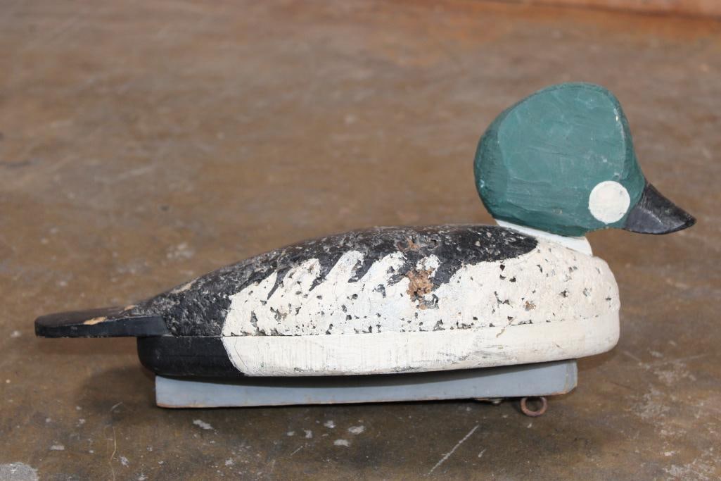 Antique Common Goldeneye Drake Hand-painted Duck DECOY made from Wood and Cork: Antique Common Goldeneye Drake Hand-painted Duck DECOY made from Wood and Cork. The decoy appears to be an antique working decoy used by market hunters in the early 20th century. It measures 14.5"