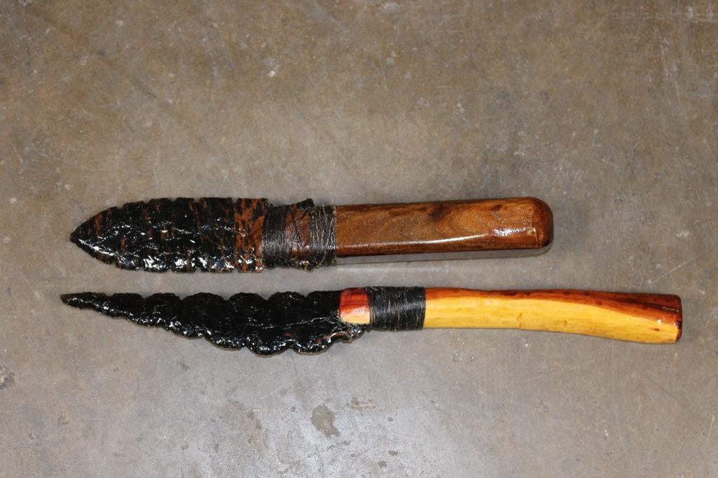 (2) Big Hand-made and Hand Knapped Glass Blade KNIVES with Wood Handles (1 of 5)