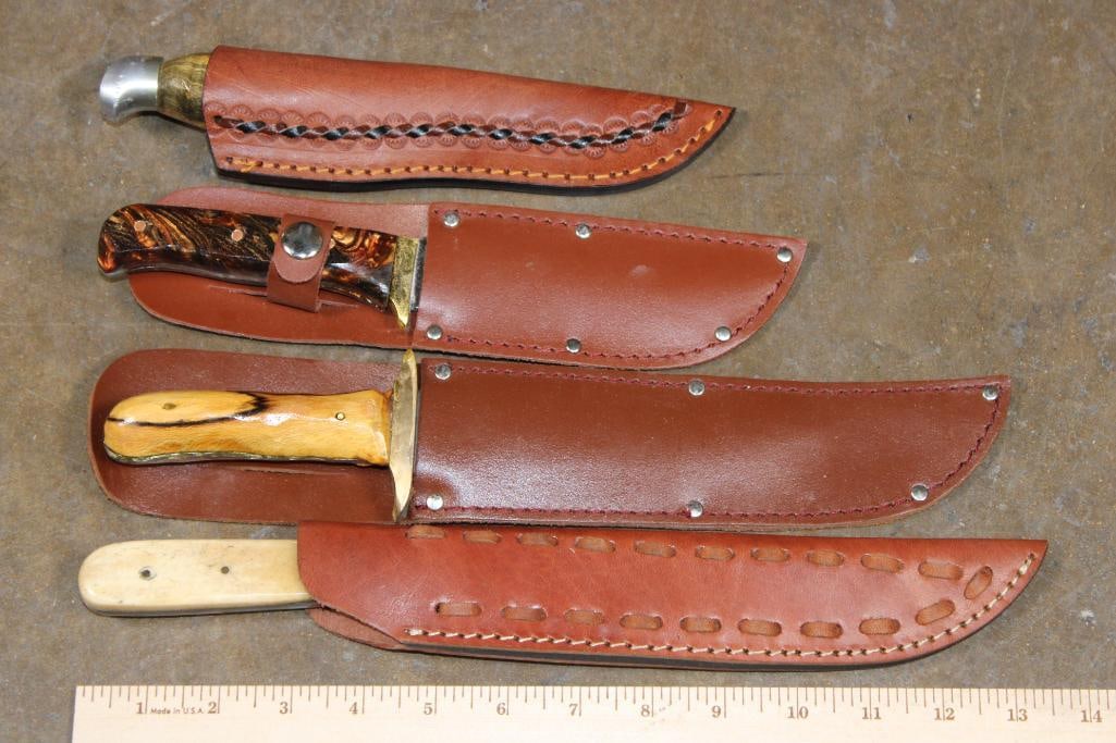 (4) Fixed Blade KNIVES with Leather Sheaths: 4 Fixed Blade KNIVES with Leather Sheaths. They measure 12.5" Long with a Bone Handle, 10.25" Long with a carved Wood Handle, 10" Long with a Resin Handle, and 8.5" Long with a Wood and Steel Handle.