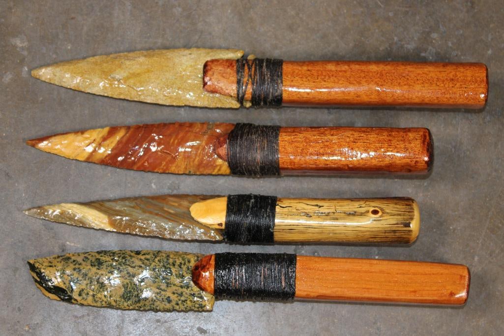 (4) Hand-made and Hand Knapped Glass Blade KNIVES with Wood Handles: 4 Hand-made and Hand Knapped Glass Blade KNIVES with Wood Handles. They measure 11.5" Long, 11" Long, 10" Long, and 9.75" Long. The Total Weight for all is 1 lb 2 oz. COLLECTIBLE KNIVES 
