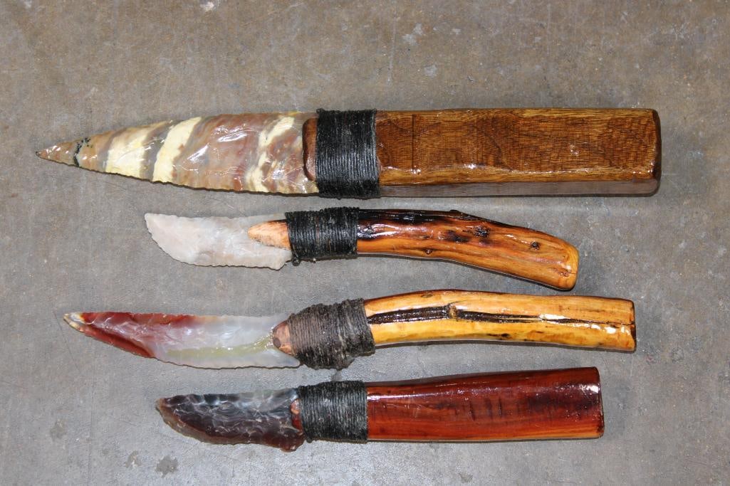(4) Hand-carved and Hand Knapped Flint and Agate Blade Knives with Wood Handles (1 of 4)