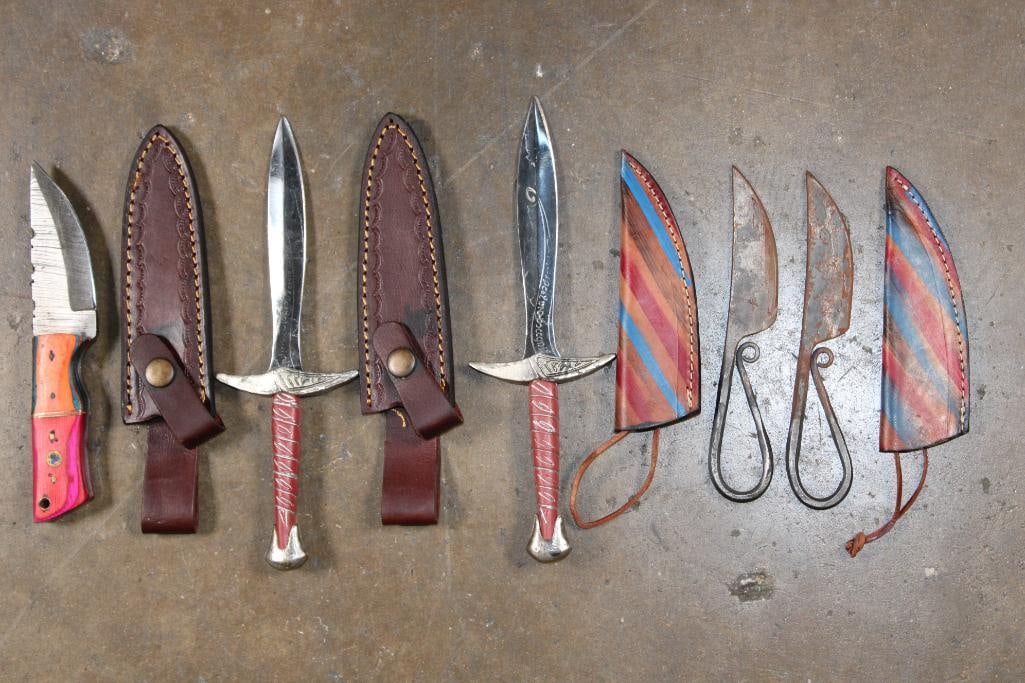(2) Sting SWORDS, (1) Fixed Blade KNIFE, and (2) Viking Style Dining KNIVES: 2 "Lord of the Rings" style Sting Swords that measure 9" Long with Leather Sheaths. 1 Damascus Steel Fixed Blade Knife that measures 7" Long (No Sheath). 2 Medieval Viking style Dining KNIVES that mea