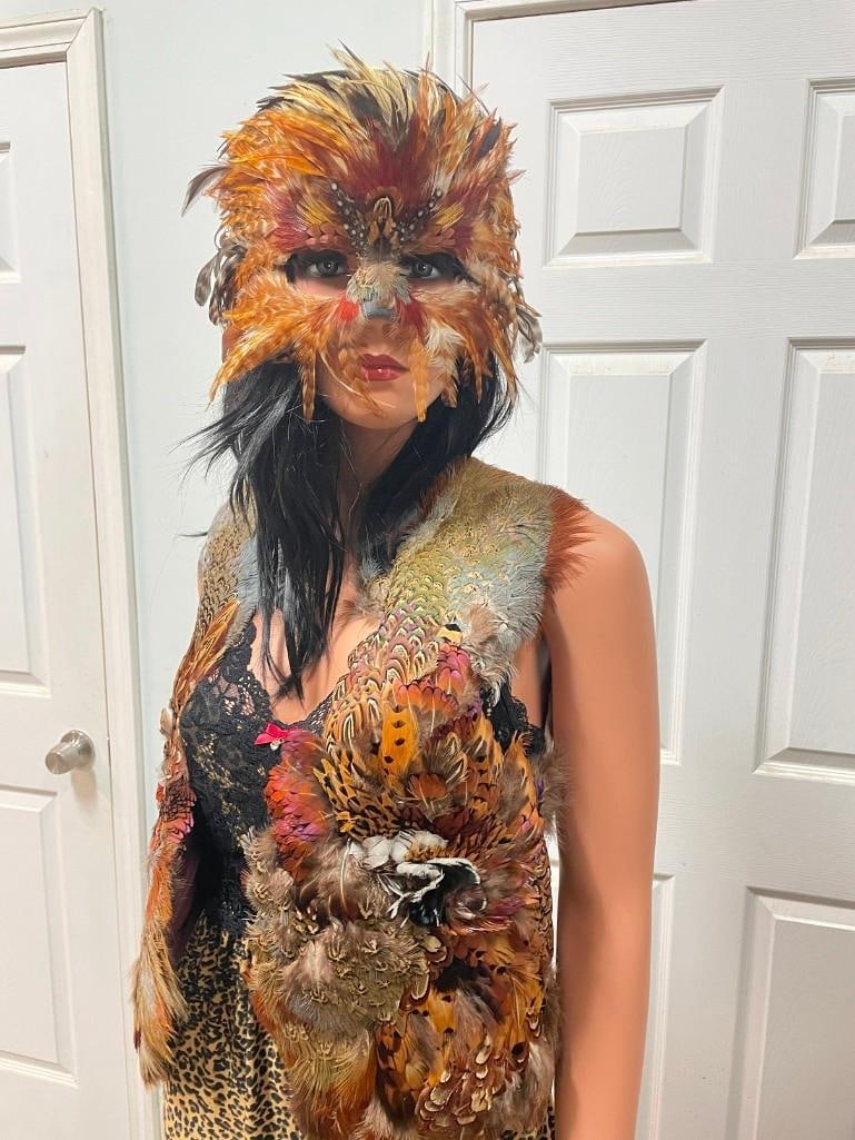 *One of a Kind* Pheasant Feather MASK with a Matching Pheasant Feather VEST: Hand-made *One of a Kind* Pheasant Feather MASK with a Matching Pheasant Feather VEST. The Vest measures 22" Long. TAXIDERMY APPAREL 