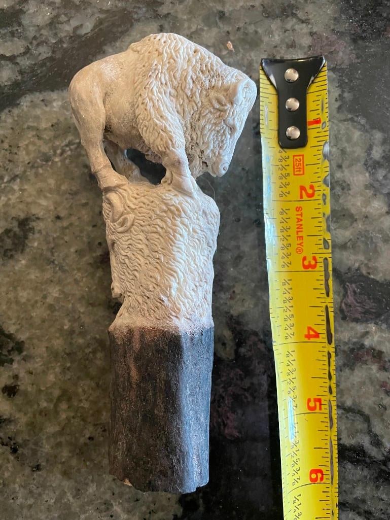 Hand-carved STAG ANTLER Handle of a WHITE BUFFALO or BISON Face - 2