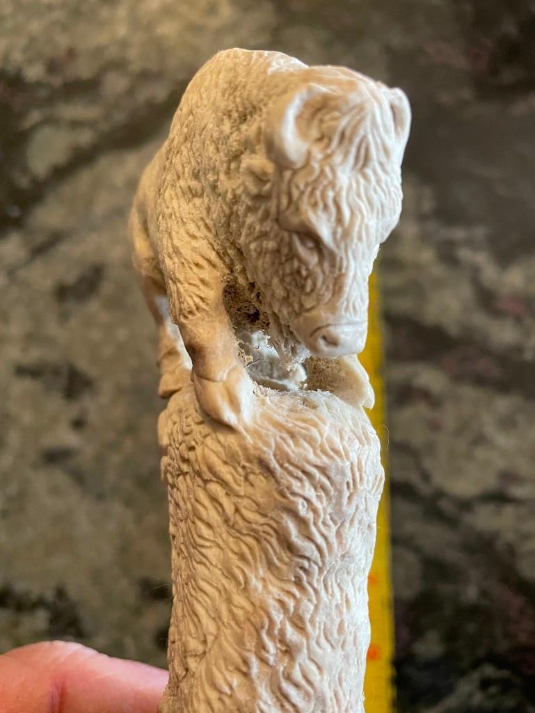 Hand-carved STAG ANTLER Handle of a WHITE BUFFALO or BISON Face - 3