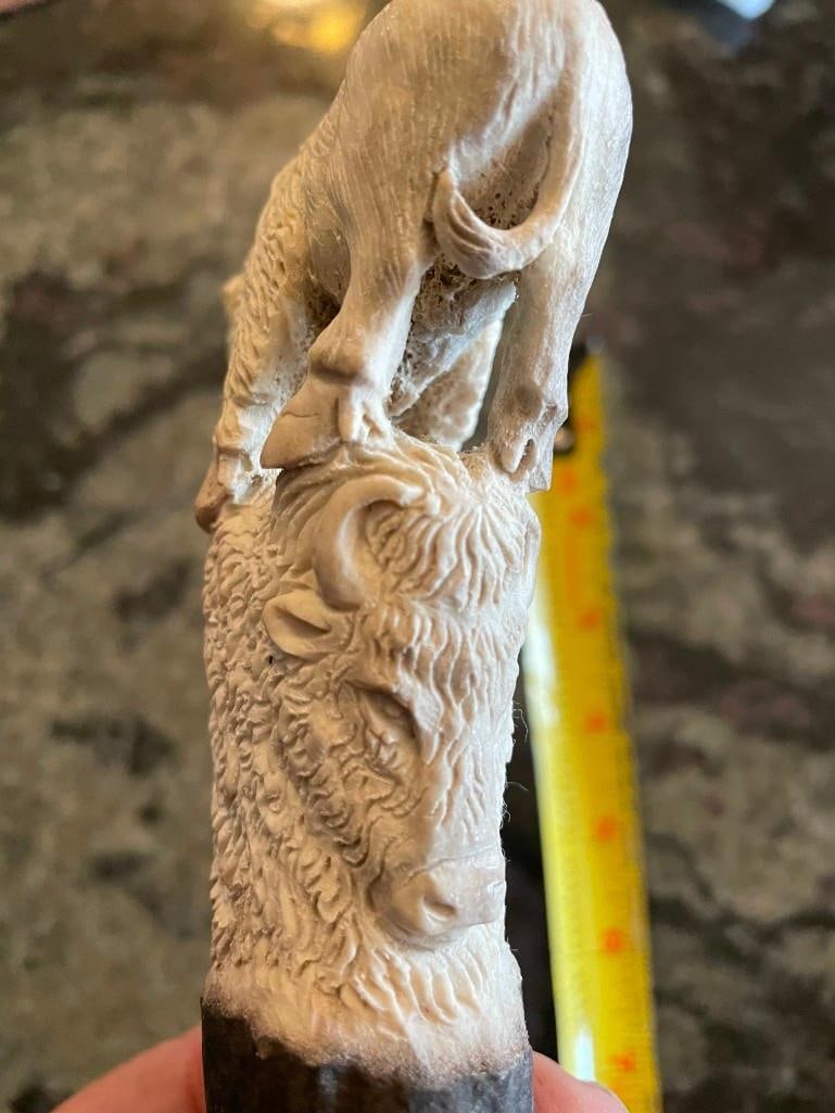 Hand-carved STAG ANTLER Handle of a WHITE BUFFALO or BISON Face - 4