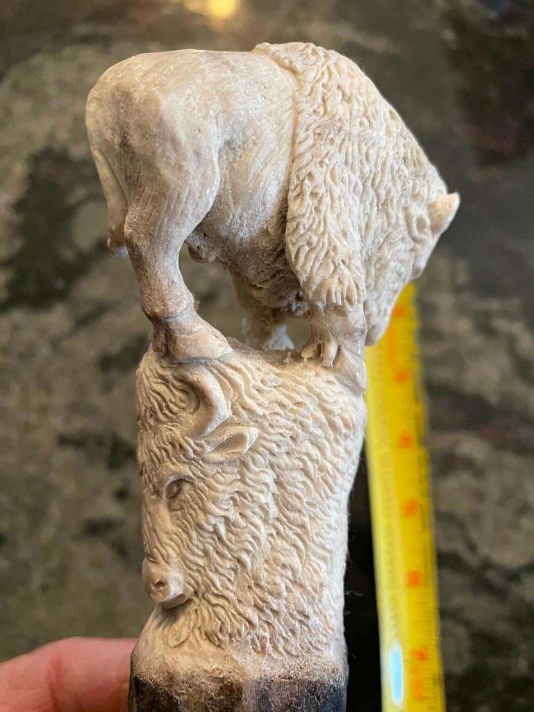 Hand-carved STAG ANTLER Handle of a WHITE BUFFALO or BISON Face - 5