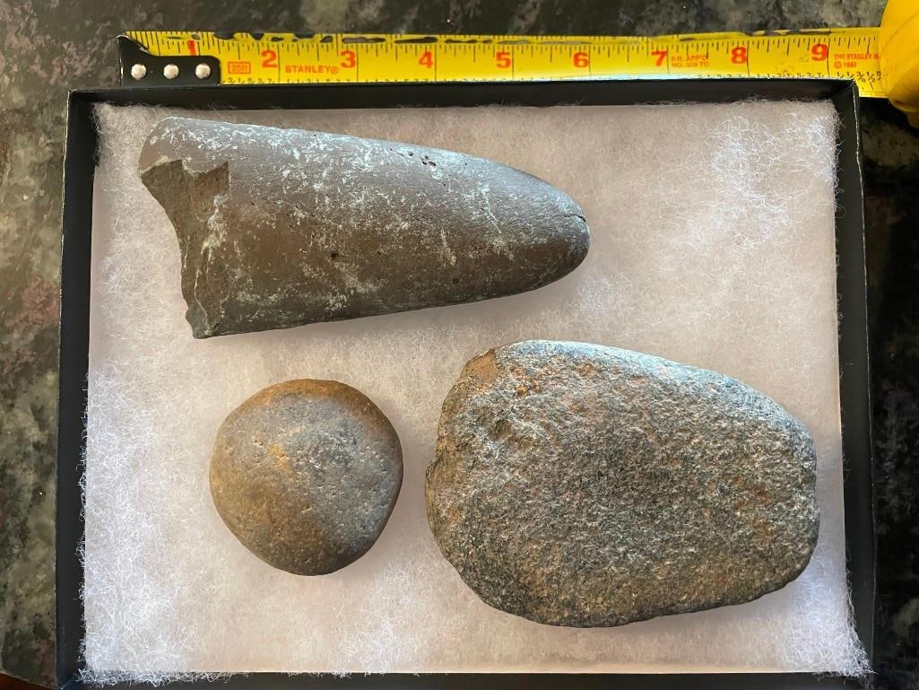 (2) Very Old Primitive STONE AXE Heads and (1) Hammerstone or Grinding Stone - 2