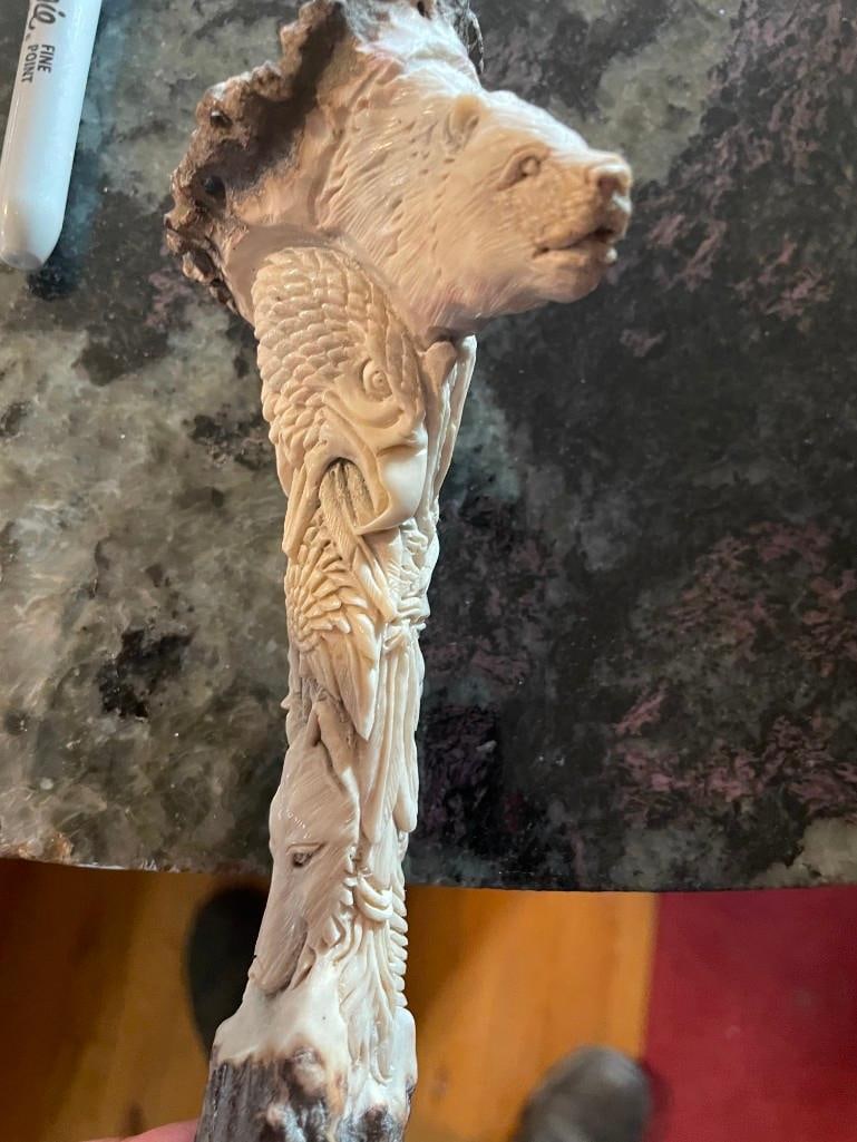 Hand-carved STAG Antler-Burr Handle featuring an Indian, Bear, Eagle, and Wolf Heads (1 of 7)